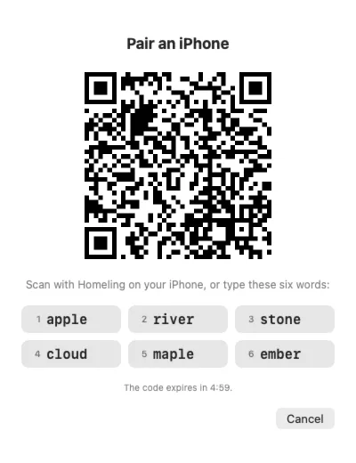 Homeling's pairing sheet: a code to scan, six words to type instead, and how long the code lasts.