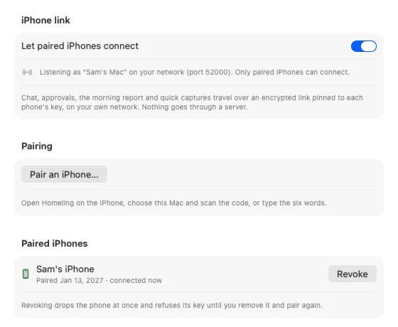Homeling's iPhone settings: Let paired iPhones connect switched on, Pair an iPhone…, and a paired iPhone with a Revoke button.