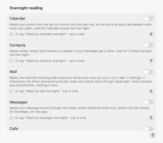 Homeling's Overnight settings: switches for Calendar, Contacts, Mail, Messages and Calls, each with what it reads.