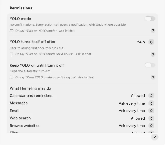 Homeling's Permissions settings: YOLO mode and its duration, and a picker for each kind of action.