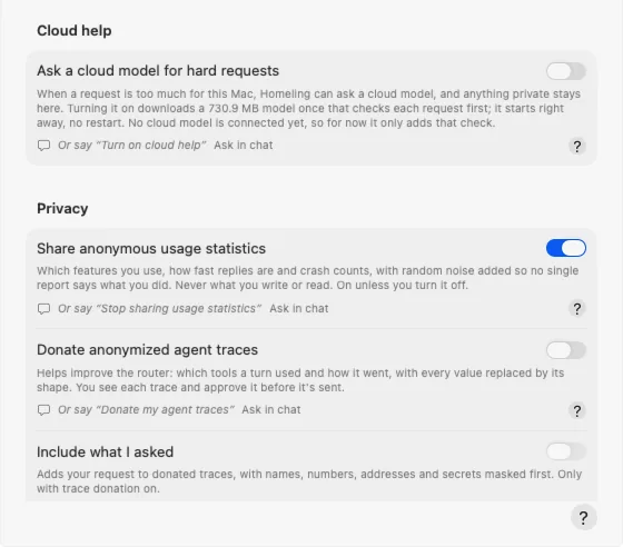 Homeling's Privacy settings: cloud help, usage statistics, sharing examples and paid links, each with a switch.