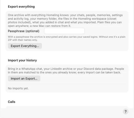 Homeling's Your Data settings: importing history, exporting everything, and deleting everything.