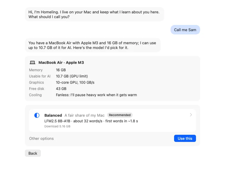 Homeling's setup: a card about the Mac's memory, graphics and free disk, the suggested model, and Use this, Other options and Back buttons.