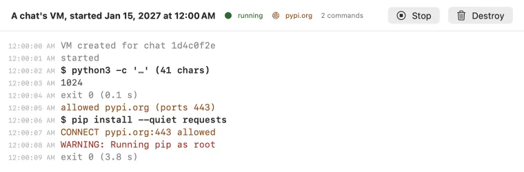 Homeling's VM terminal: a running task, the sites it may reach, and the commands it ran with their output.