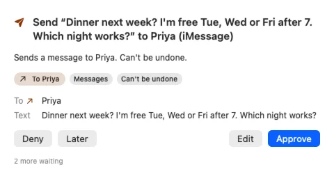 Homeling's approval card for the text to Priya: who it goes to, the exact message with the three free evenings, and buttons to deny, decide later, edit or approve.