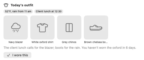 Today's outfit in Homeling's closet: a navy blazer, white oxford shirt, grey chinos and brown boots.