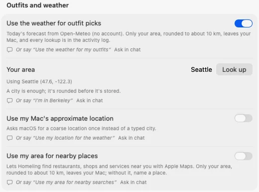 Homeling's Outfits settings: Use the weather for outfit picks switched on, with Seattle as the area.