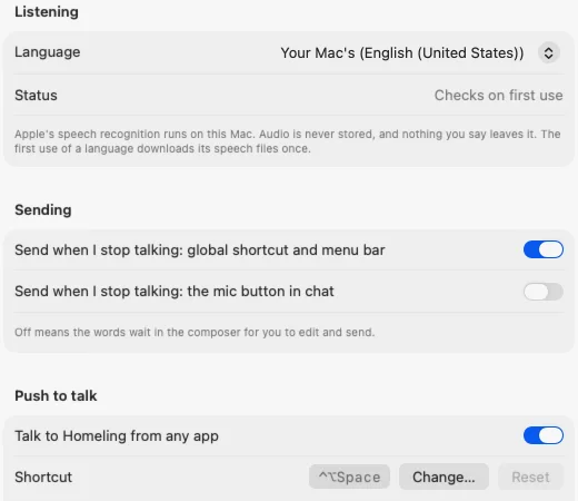 Homeling's Voice settings: the language, whether to send when you stop talking, and the Talk to Homeling from any app switch with the Control-Option-Space shortcut and a Change button.